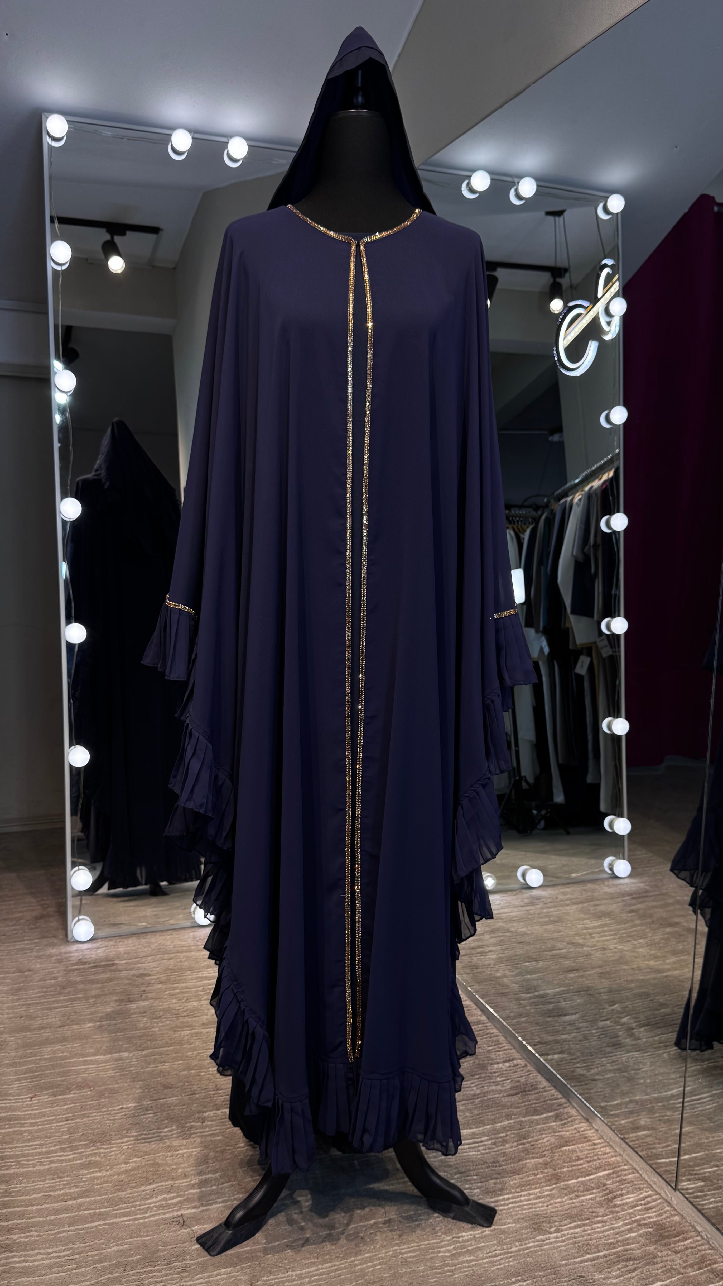 Farasha Pleated Sleeve 3 Pcs Set- Navy Blue