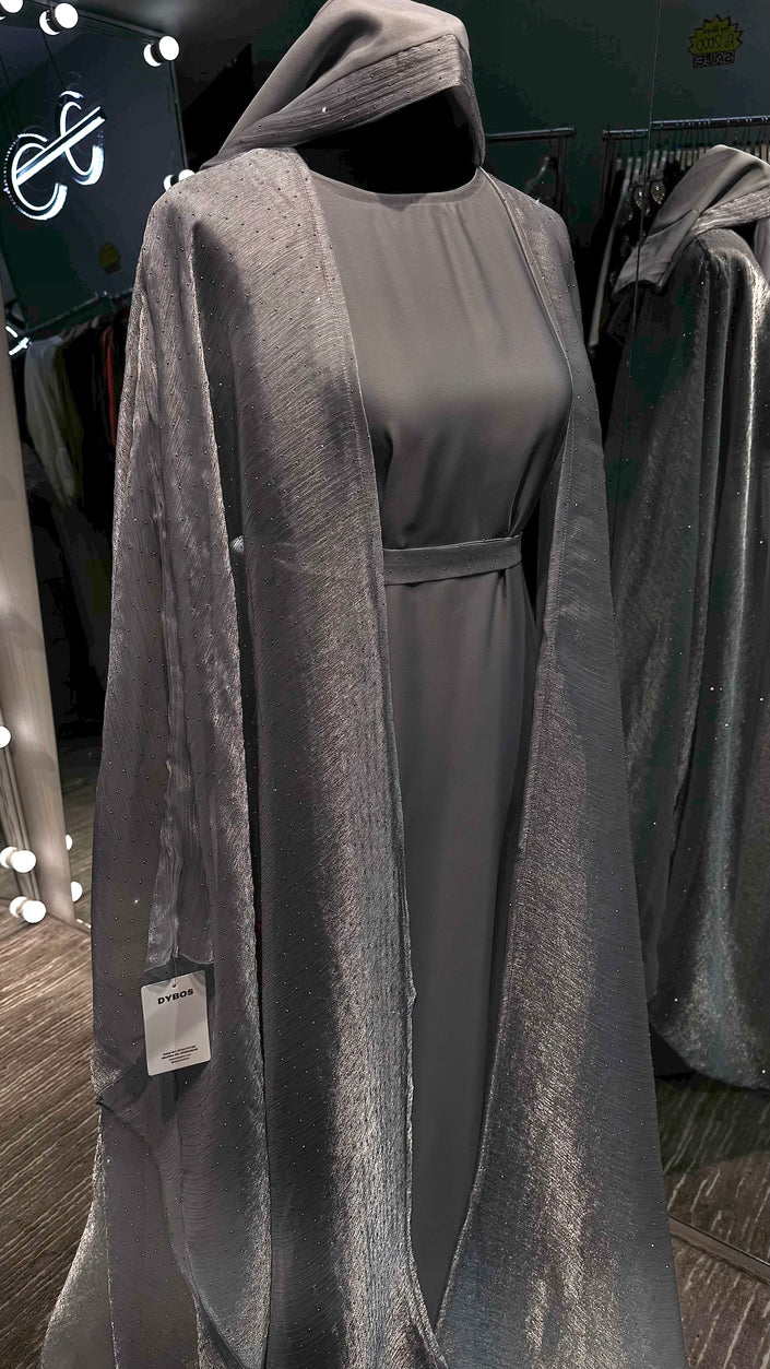 Gray Nida Abaya with crystal organza attached Robe