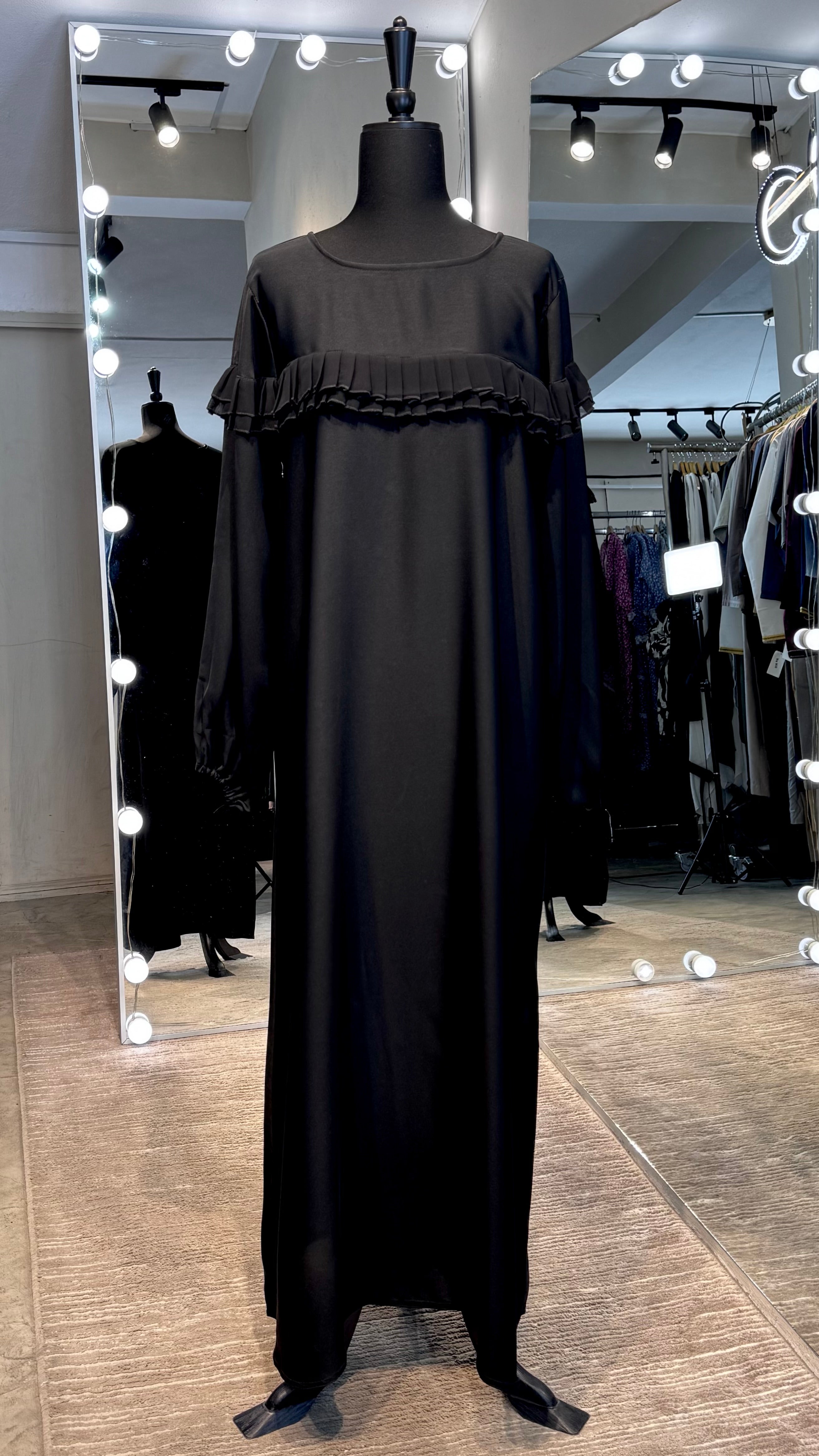 Straight Cut Abaya with front pleated chiffon- Black