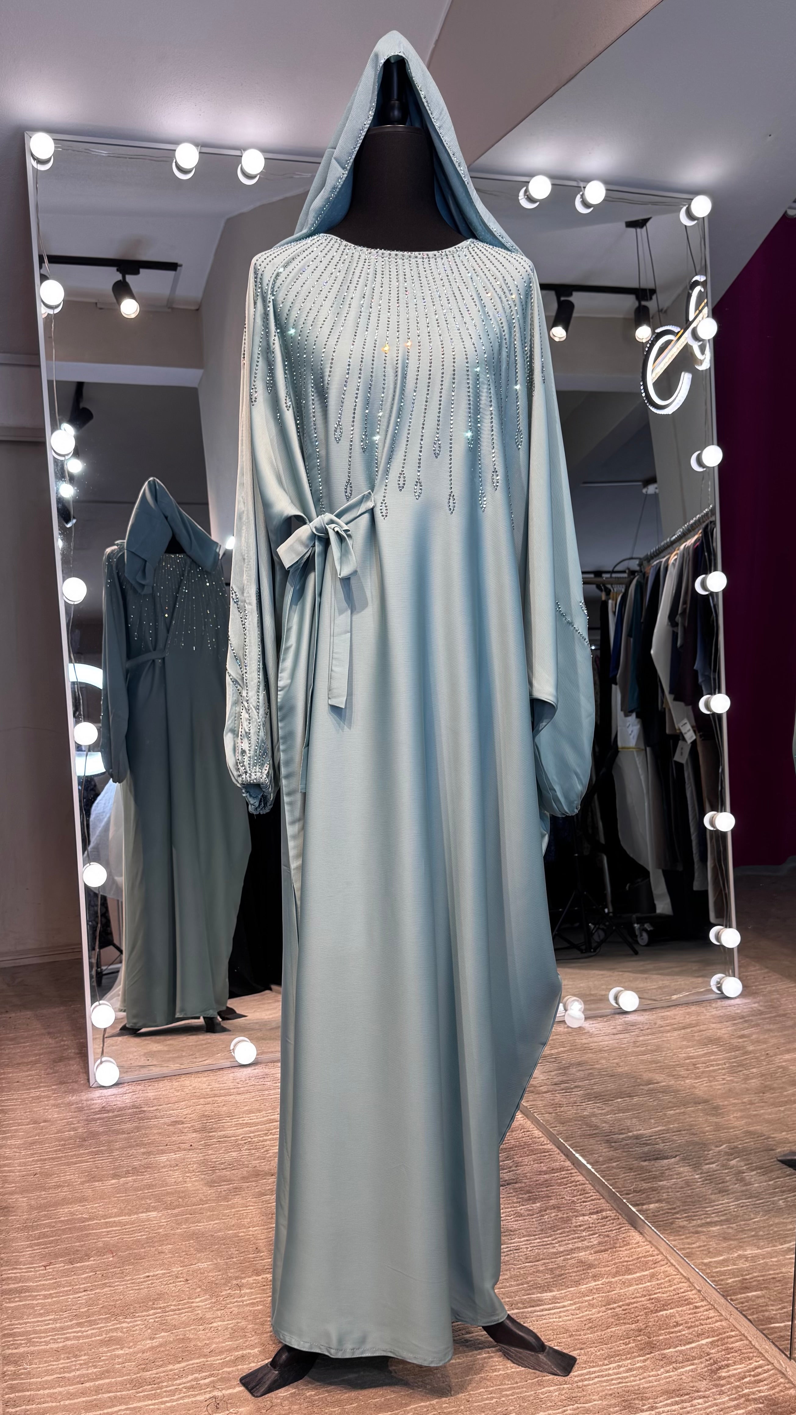 One Side Farasha Abaya Set with Hijab – Mint Green