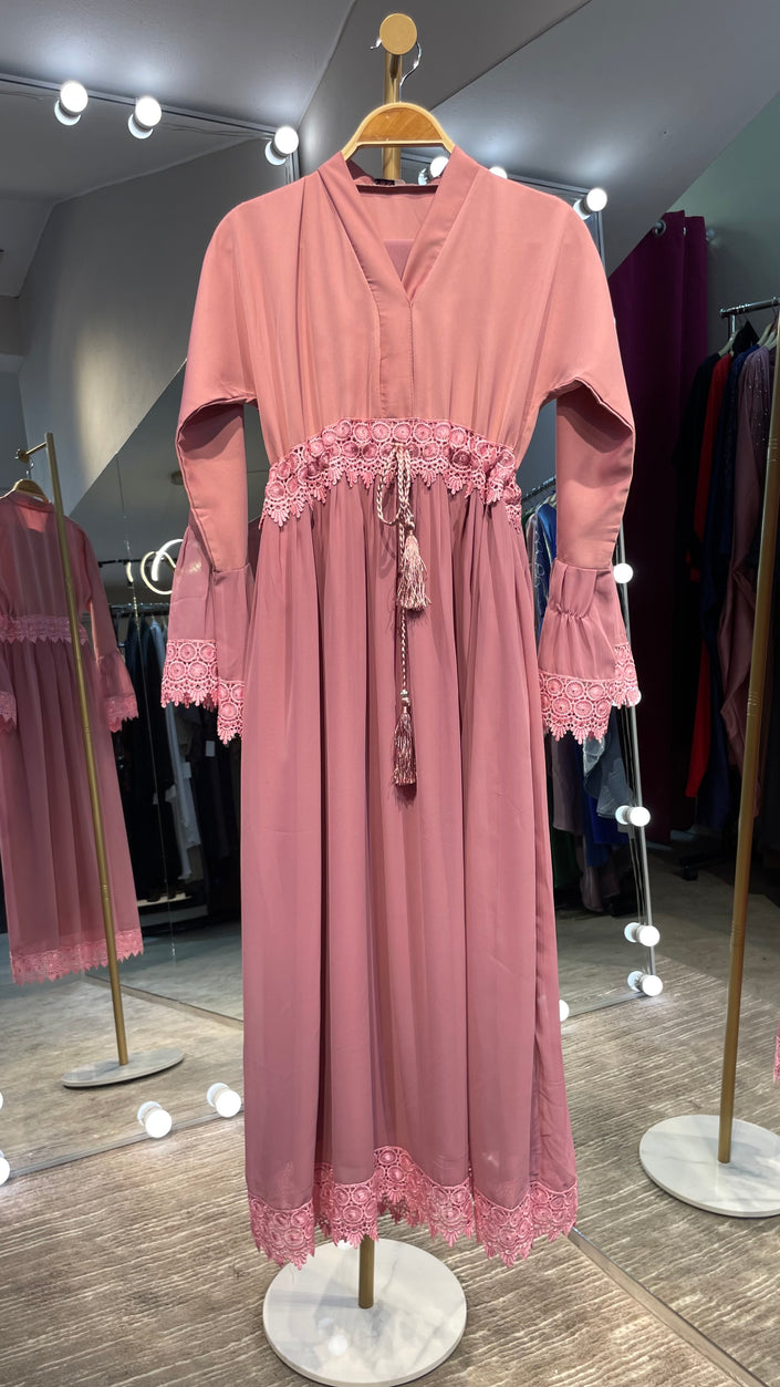 Kids A-Line Nida and Chiffon combination Abaya Dress with lace lining and stones