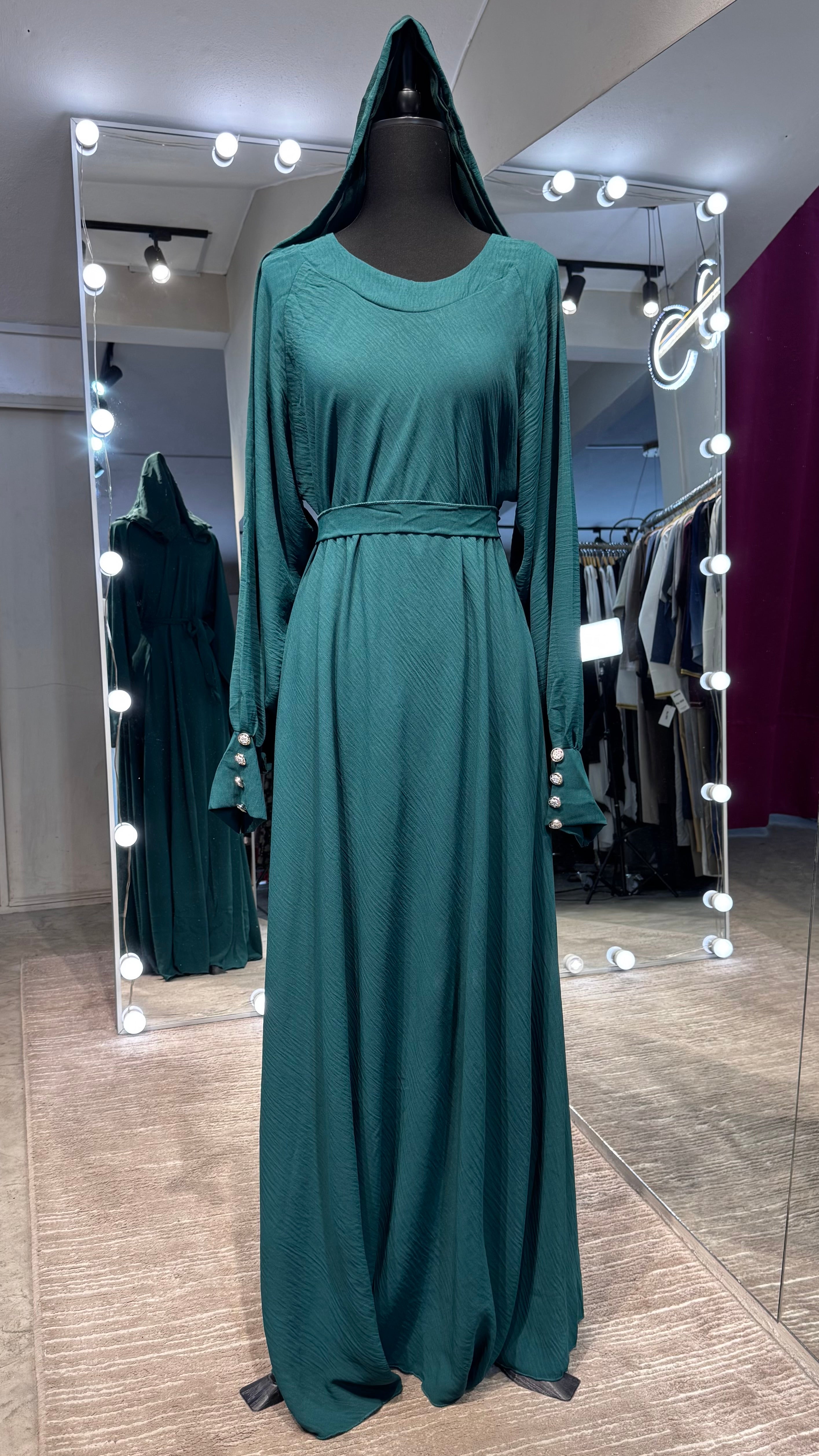 Umbrella Cut Abaya Button Sleeve- Green