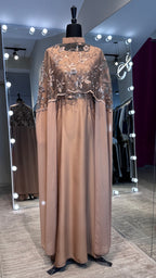 Cape Abaya Set with Hijab –Sequin, Nida & Chiffon - Nude Brown