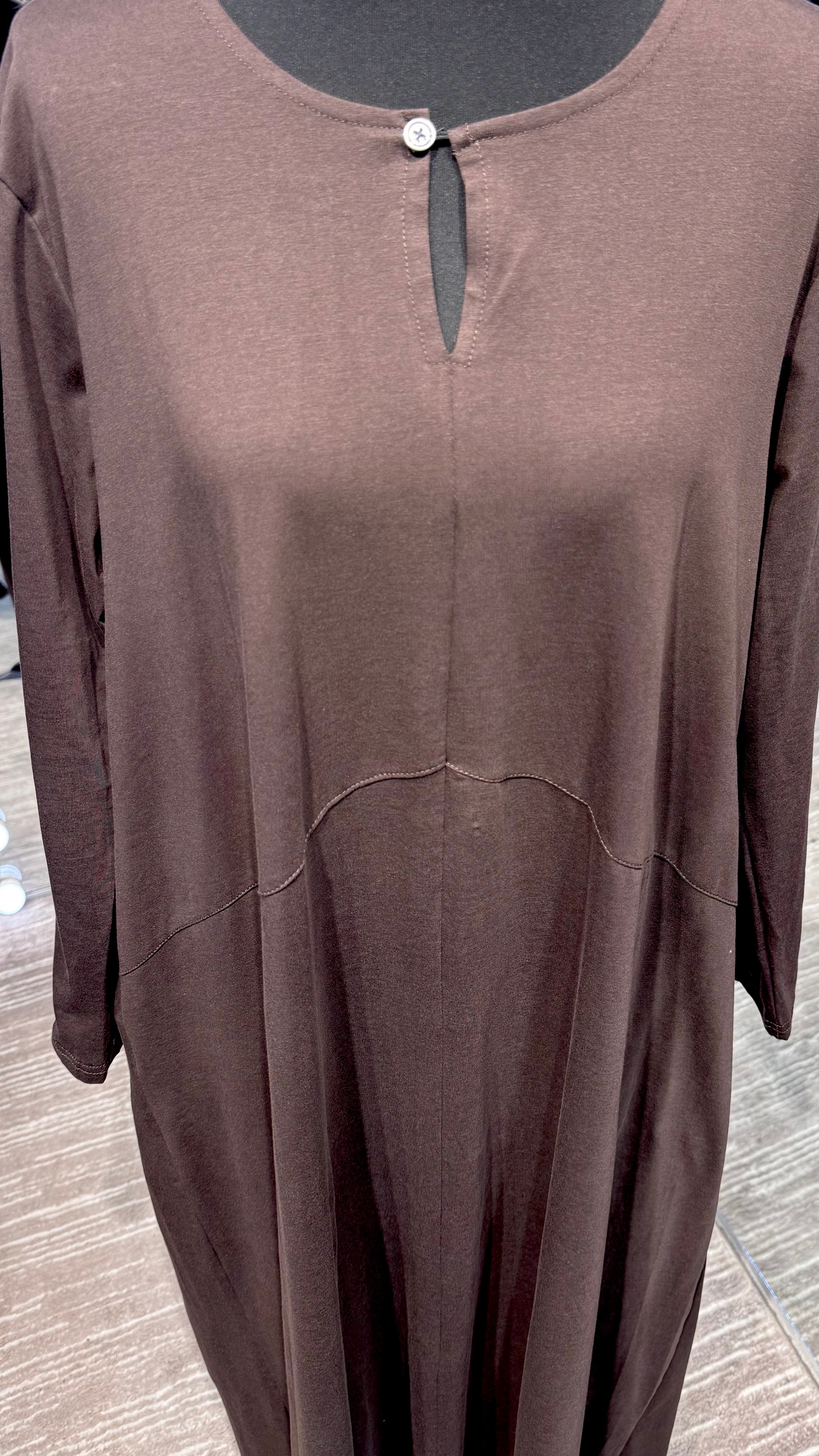 Cotton Dress with Line & Button Design- Dark Brown