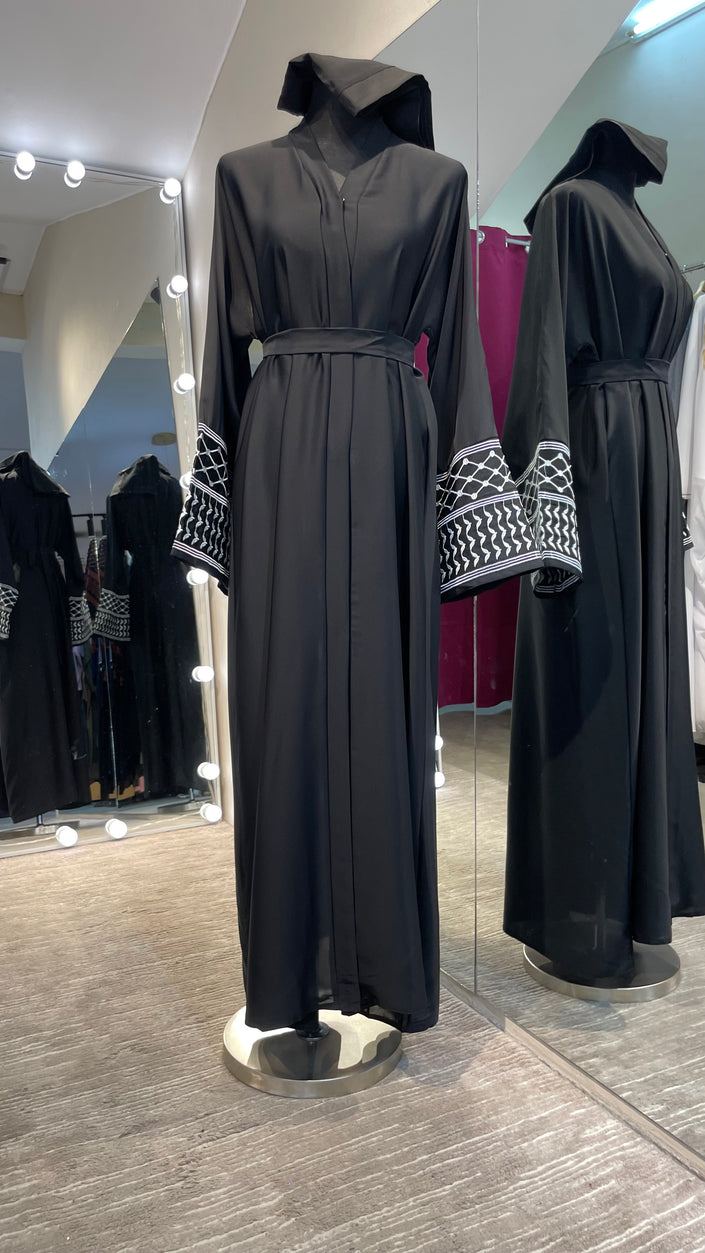 Black Nida Abaya with Kuffiyah Embroidered Sleeves