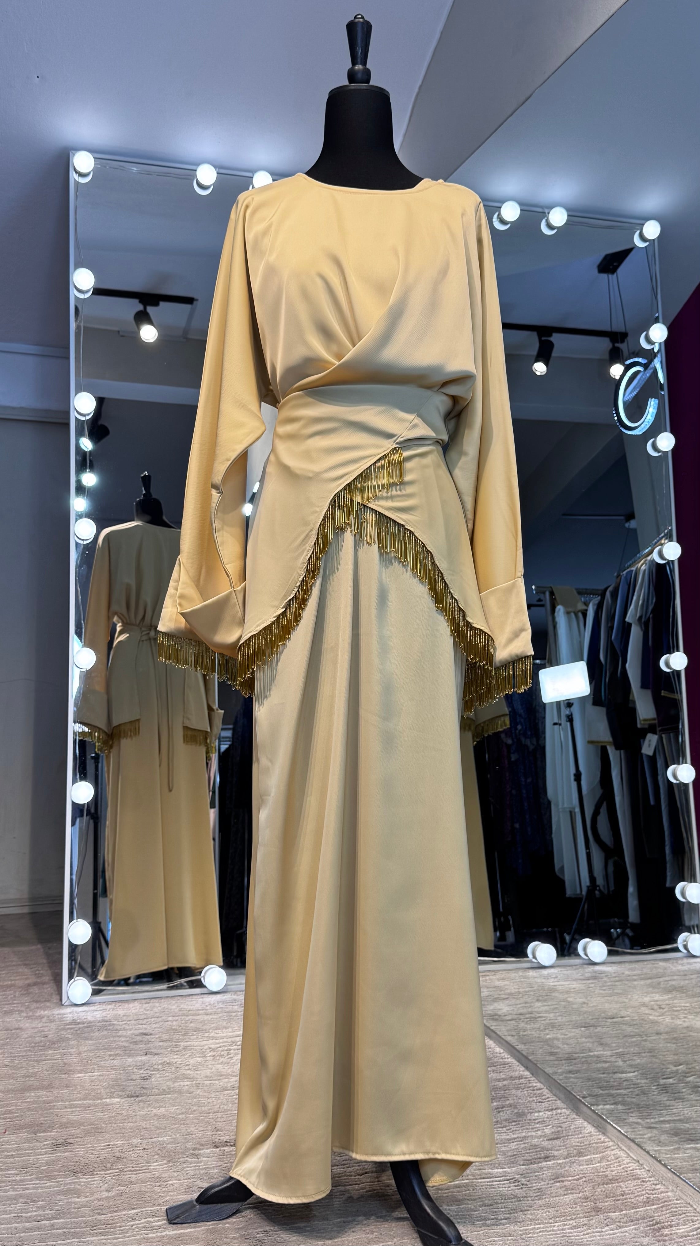 Wrap Abaya Set with Hijab – 3 Piece  Occasion / Casual | Silky Zoom Fabric - Beige