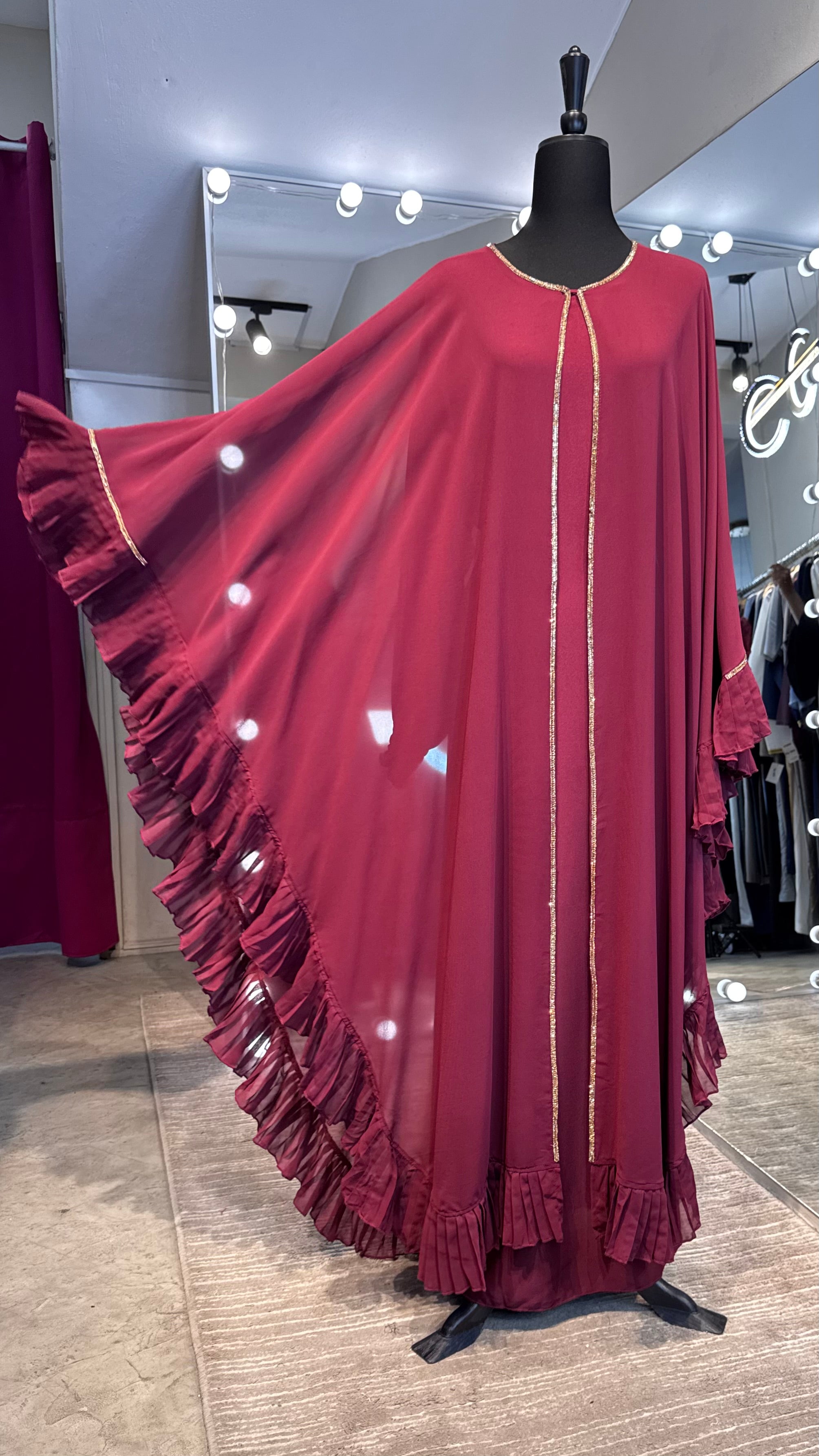 Farasha Pleated Sleeve 3 Pcs Set- Maroon