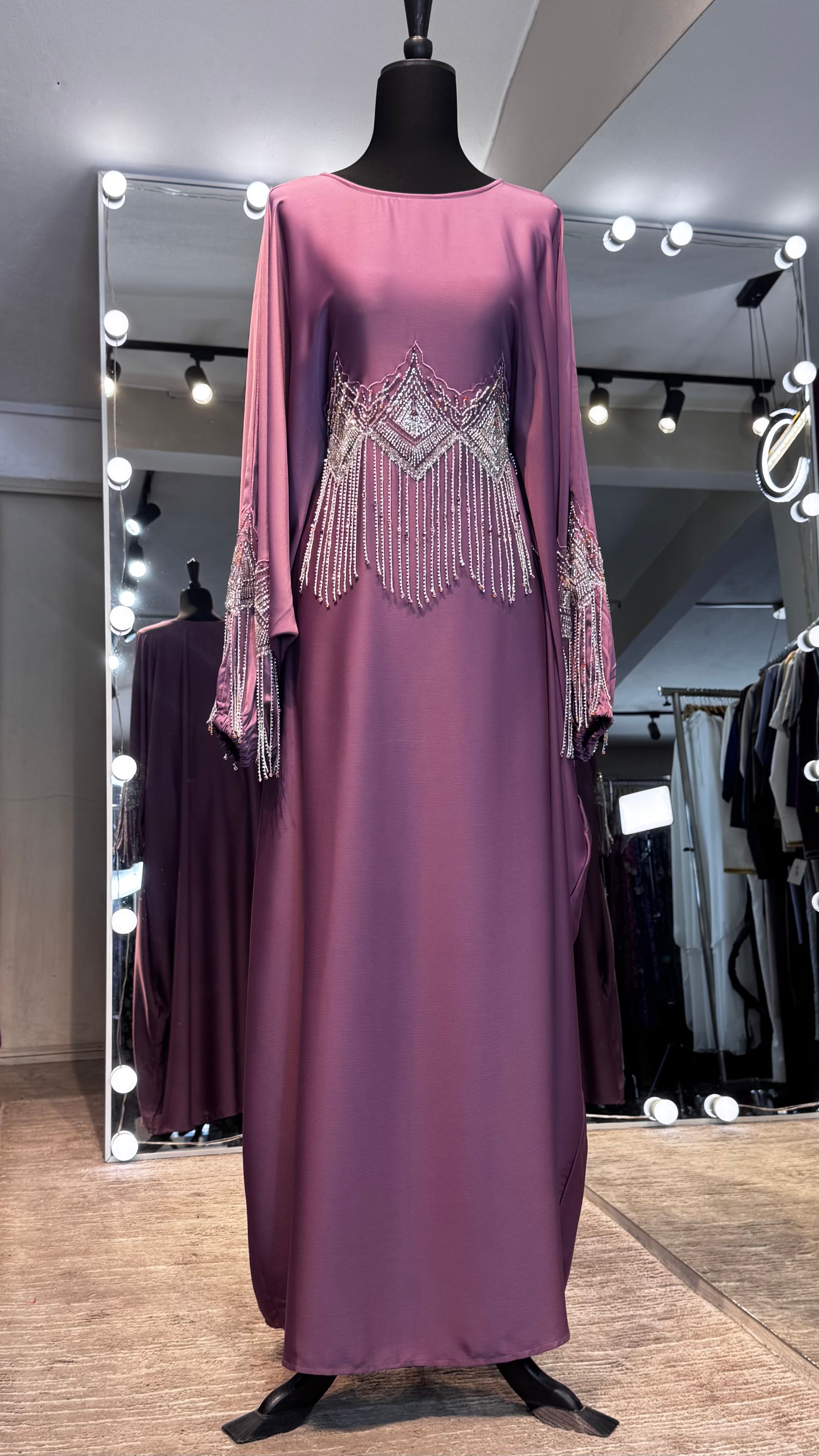 Farasha Abaya Set with Hijab – 2 Piece Beaded Modest Outfit -Rose Mauve