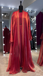 4 Piece Abaya Set with Hijab – Silky Zoom & Organza Umbrella Cut Robe- Maroon