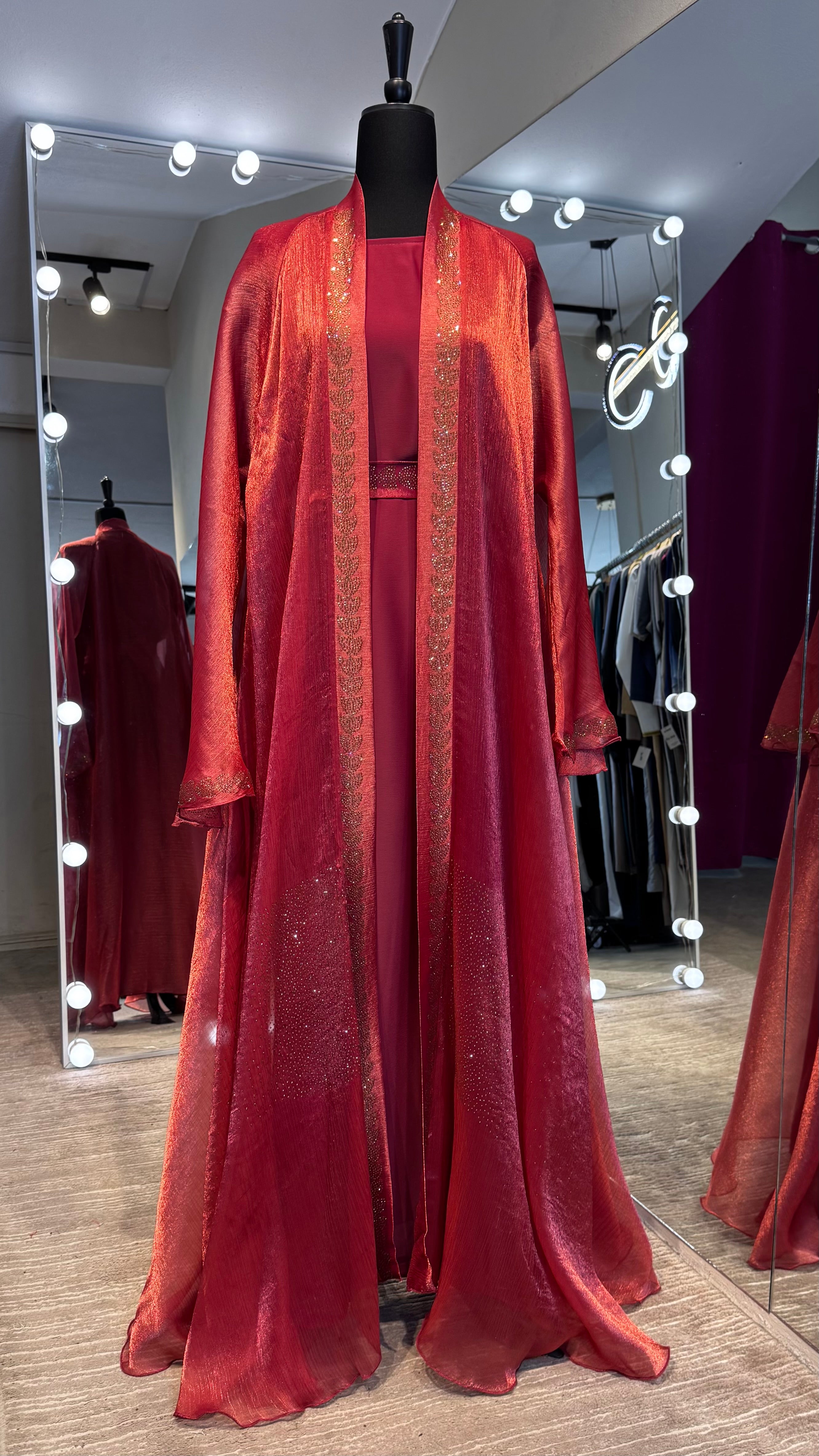 4 Piece Abaya Set with Hijab – Silky Zoom & Organza Umbrella Cut Robe- Maroon