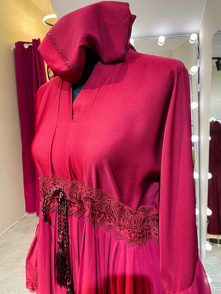 Ruby Red Premium Nida and Chiffon combination Abaya Dress with lace lining and stones