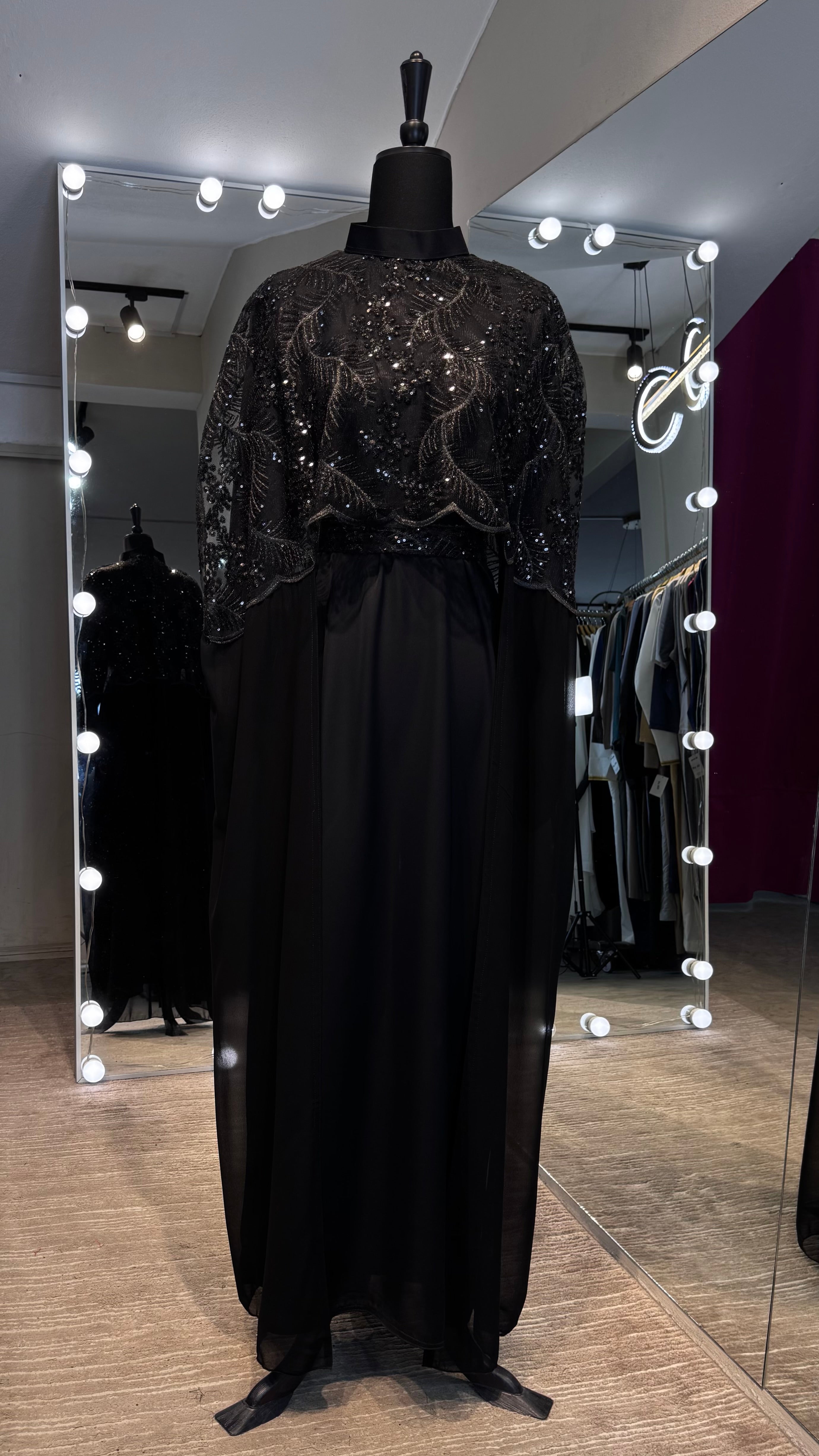 Cape Abaya Set with Hijab –Sequin, Nida & Chiffon - Black