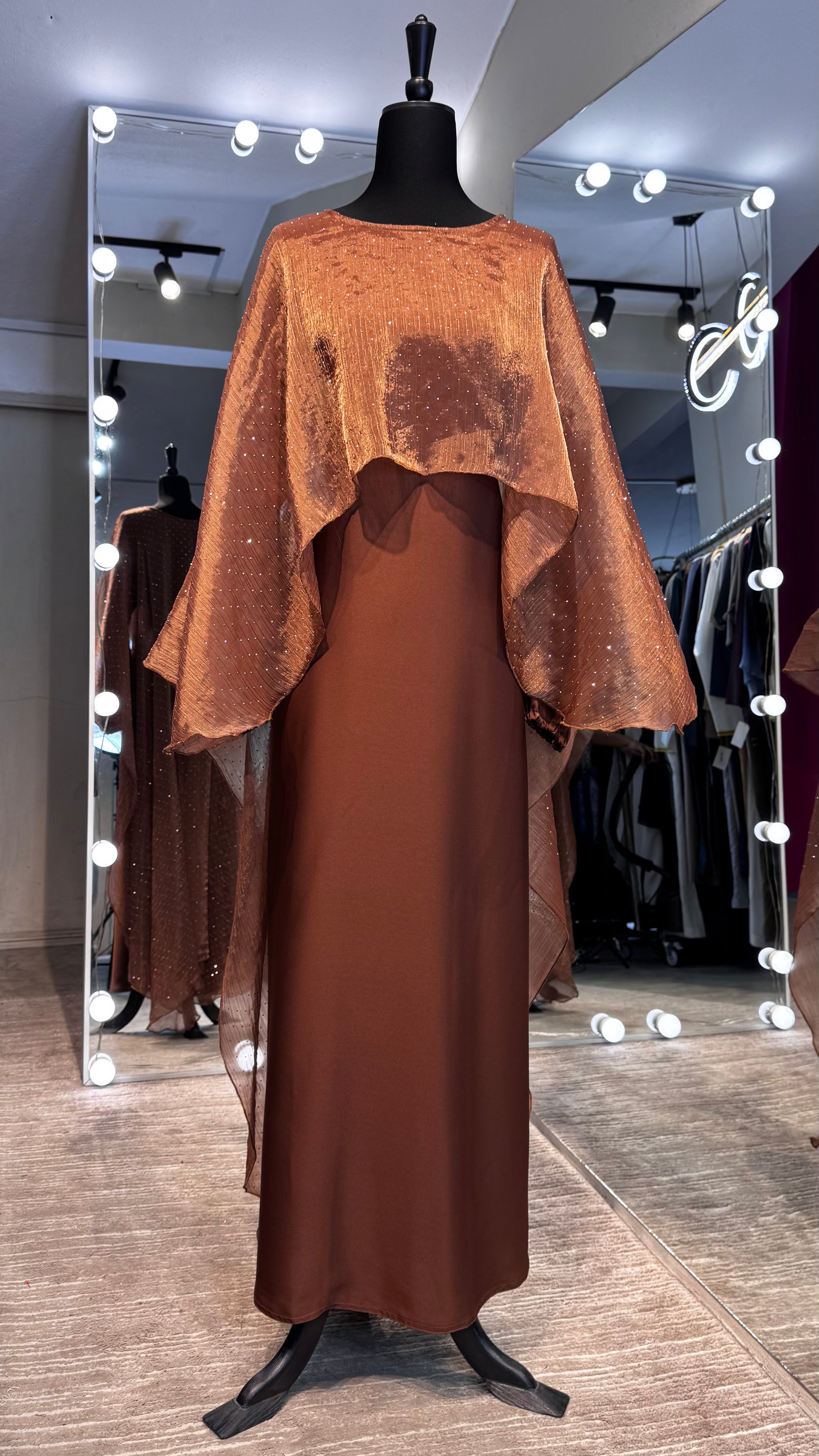 Cape Style Abaya Set with Hijab – Nida & Organza -Brown