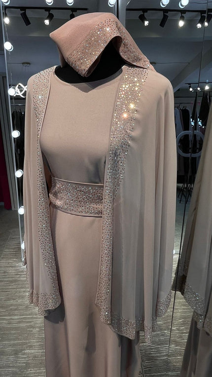 Nude Chiffon Cape Farasha with Stones