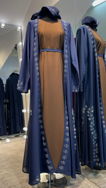 Navy Blue Robe with Brown Inner Abaya embellished with Stones