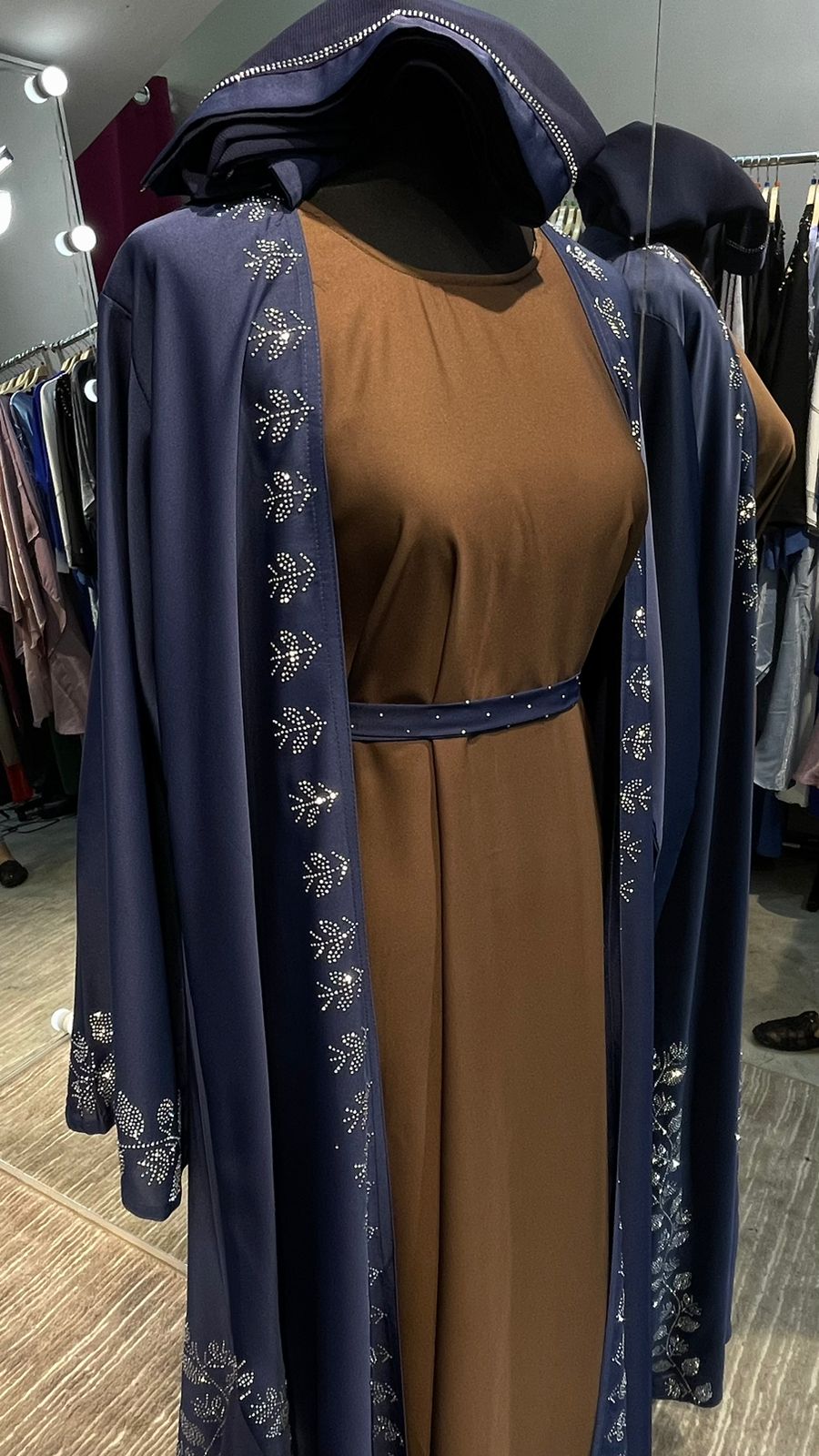 Navy Blue Robe with Brown Inner Abaya embellished with Stones