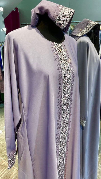 Lavender Nida Abaya with Embroidered lace and stones.