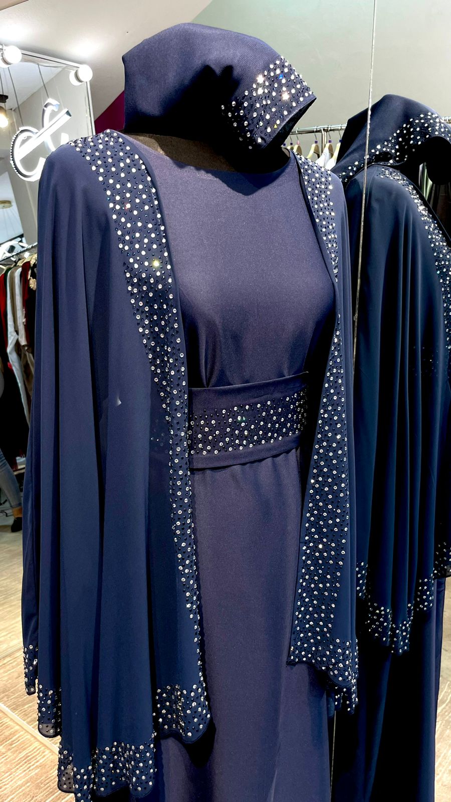 Navy Blue Chiffon Cape Farasha with Stones