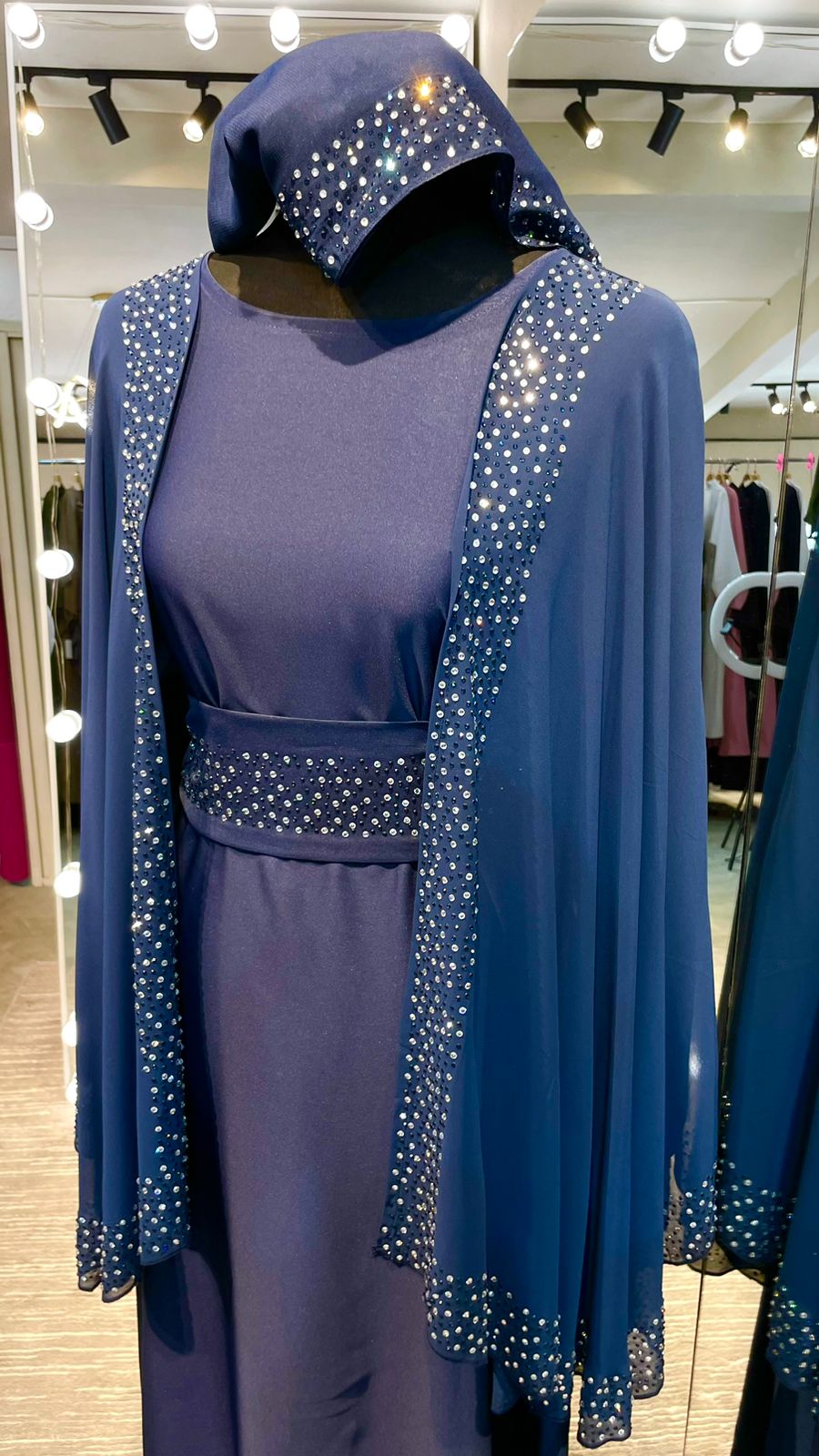 Navy Blue Chiffon Cape Farasha with Stones