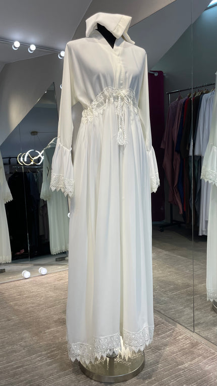 White A-Line Nida and Chiffon combination Abaya Dress with lace lining and stones