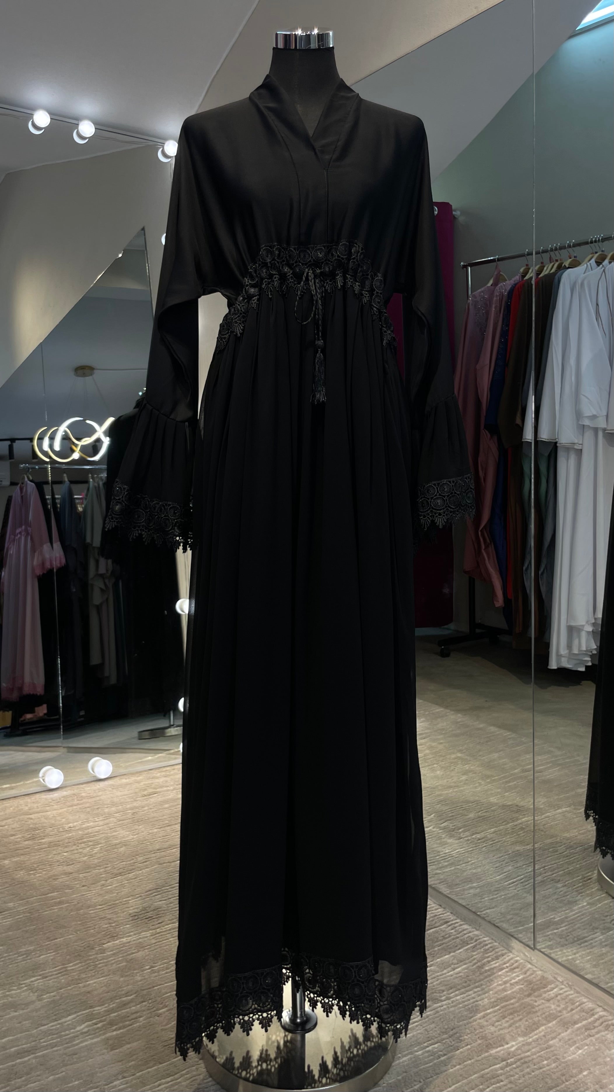 Black A-Line Nida and Chiffon combination Abaya Dress with lace lining and stones