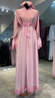 Baby Pink A-Line Premium Nida and Chiffon combination Abaya Dress with lace lining and stones