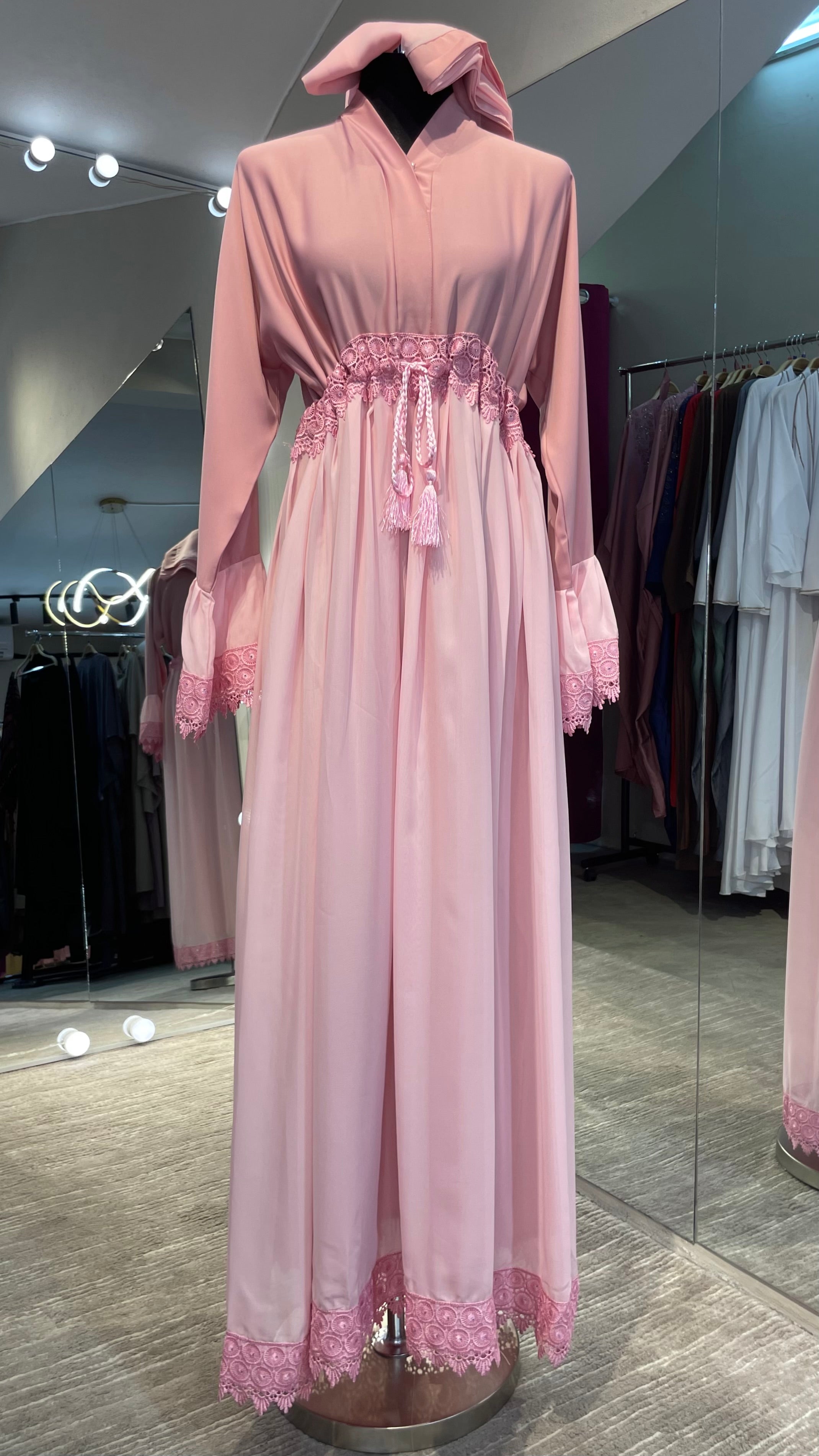 Baby Pink A-Line Premium Nida and Chiffon combination Abaya Dress with lace lining and stones