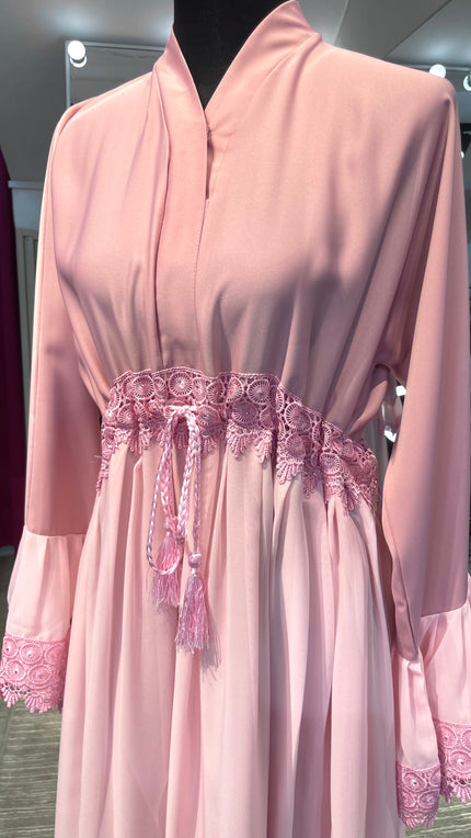 Baby Pink A-Line Premium Nida and Chiffon combination Abaya Dress with lace lining and stones