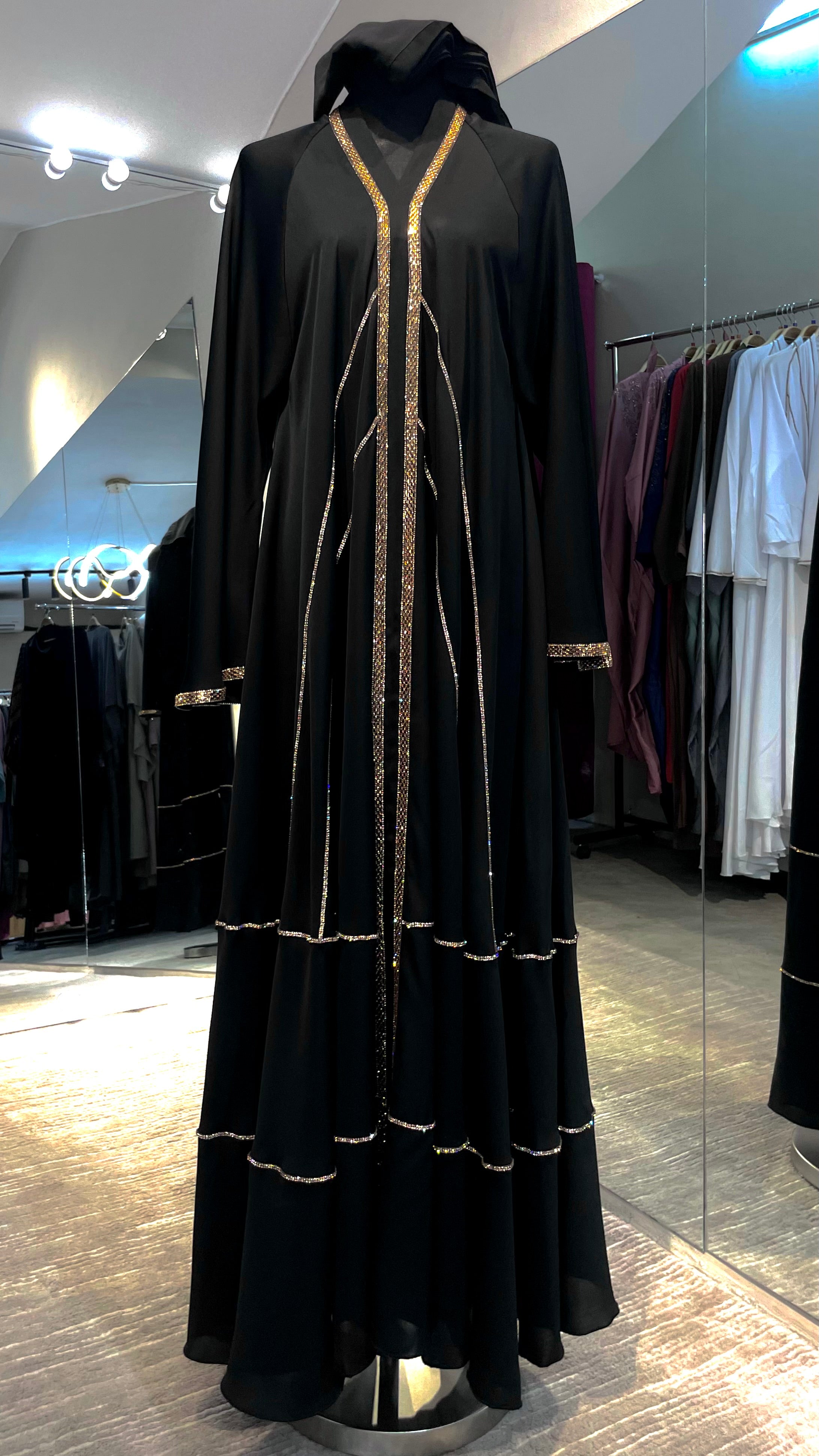 Black Elegant Umbrella-Cut Nida Abaya with Gold Stone Lining