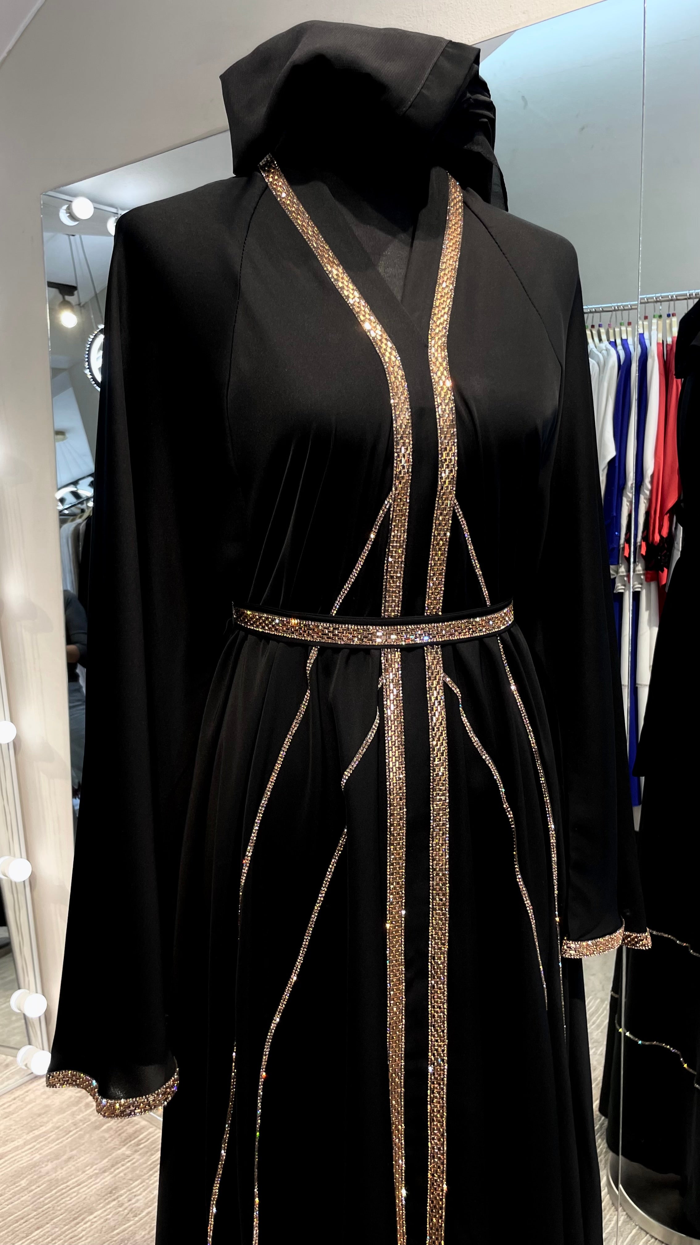 Black Elegant Umbrella-Cut Nida Abaya with Gold Stone Lining