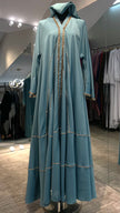 Teal Color Elegant Umbrella-Cut Nida Abaya with Gold Stone Lining