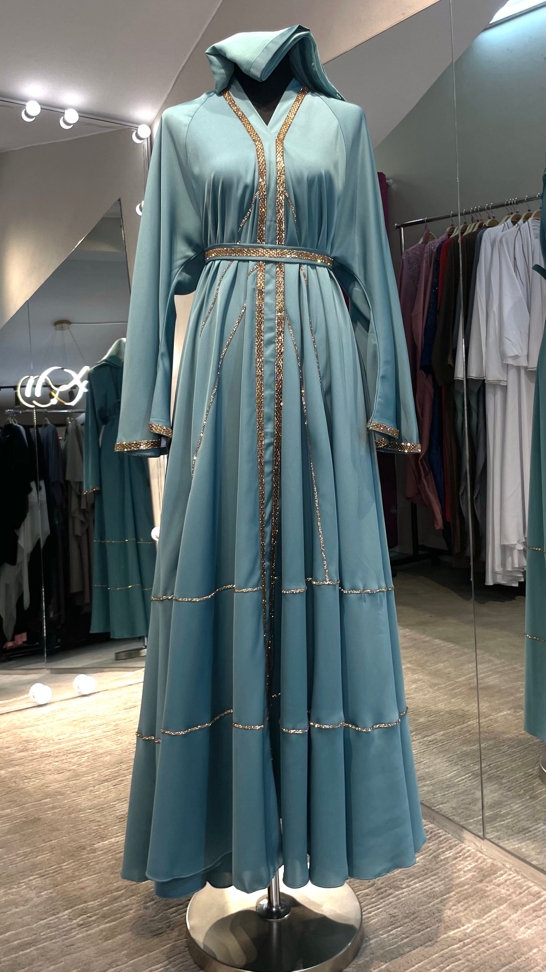 Teal Color Elegant Umbrella-Cut Nida Abaya with Gold Stone Lining