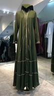 Olive Green Elegant Umbrella-Cut Nida Abaya with Gold Stone Lining