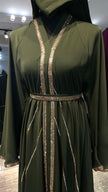 Olive Green Elegant Umbrella-Cut Nida Abaya with Gold Stone Lining