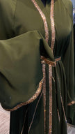 Olive Green Elegant Umbrella-Cut Nida Abaya with Gold Stone Lining