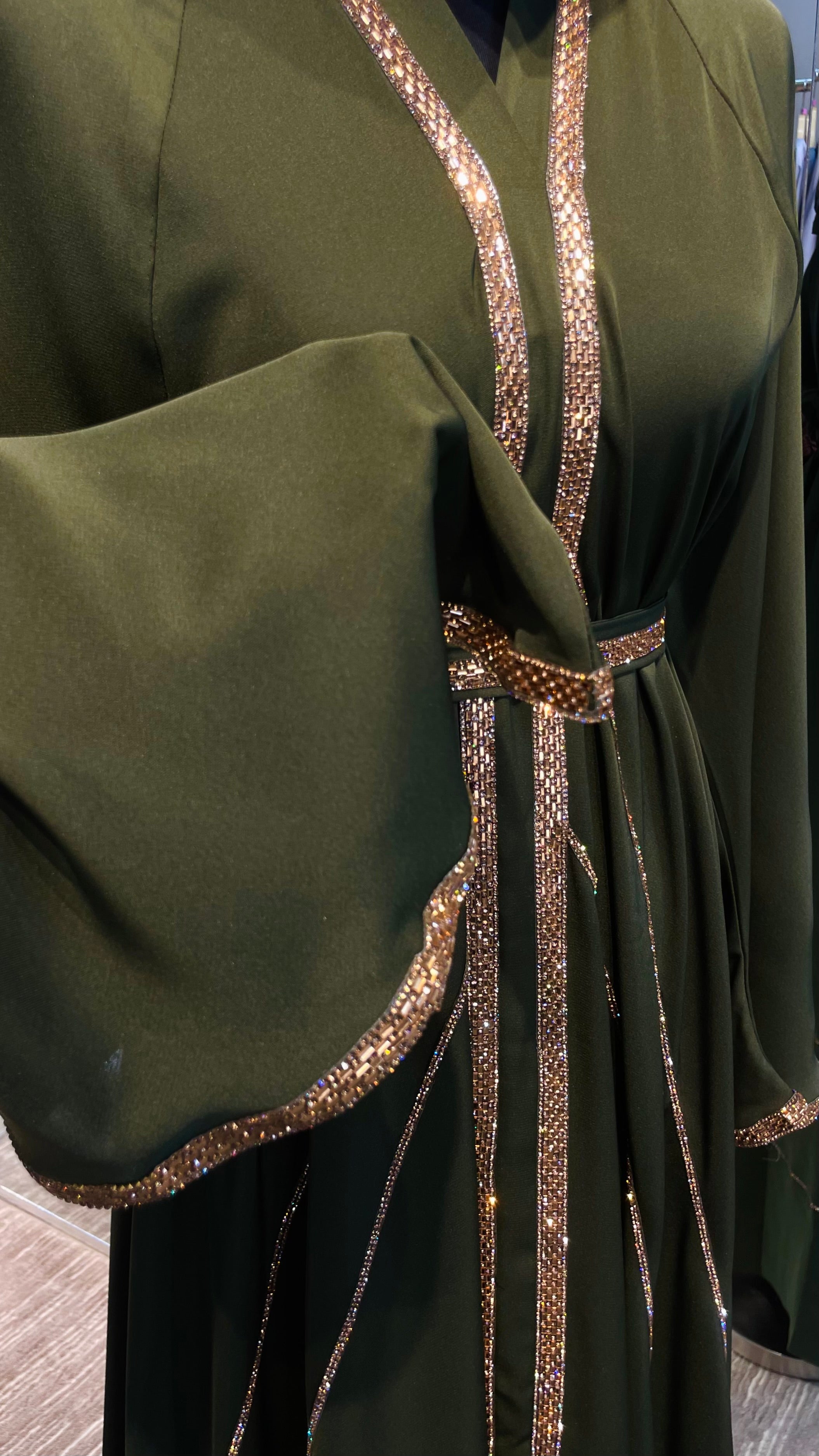 Olive Green Elegant Umbrella-Cut Nida Abaya with Gold Stone Lining