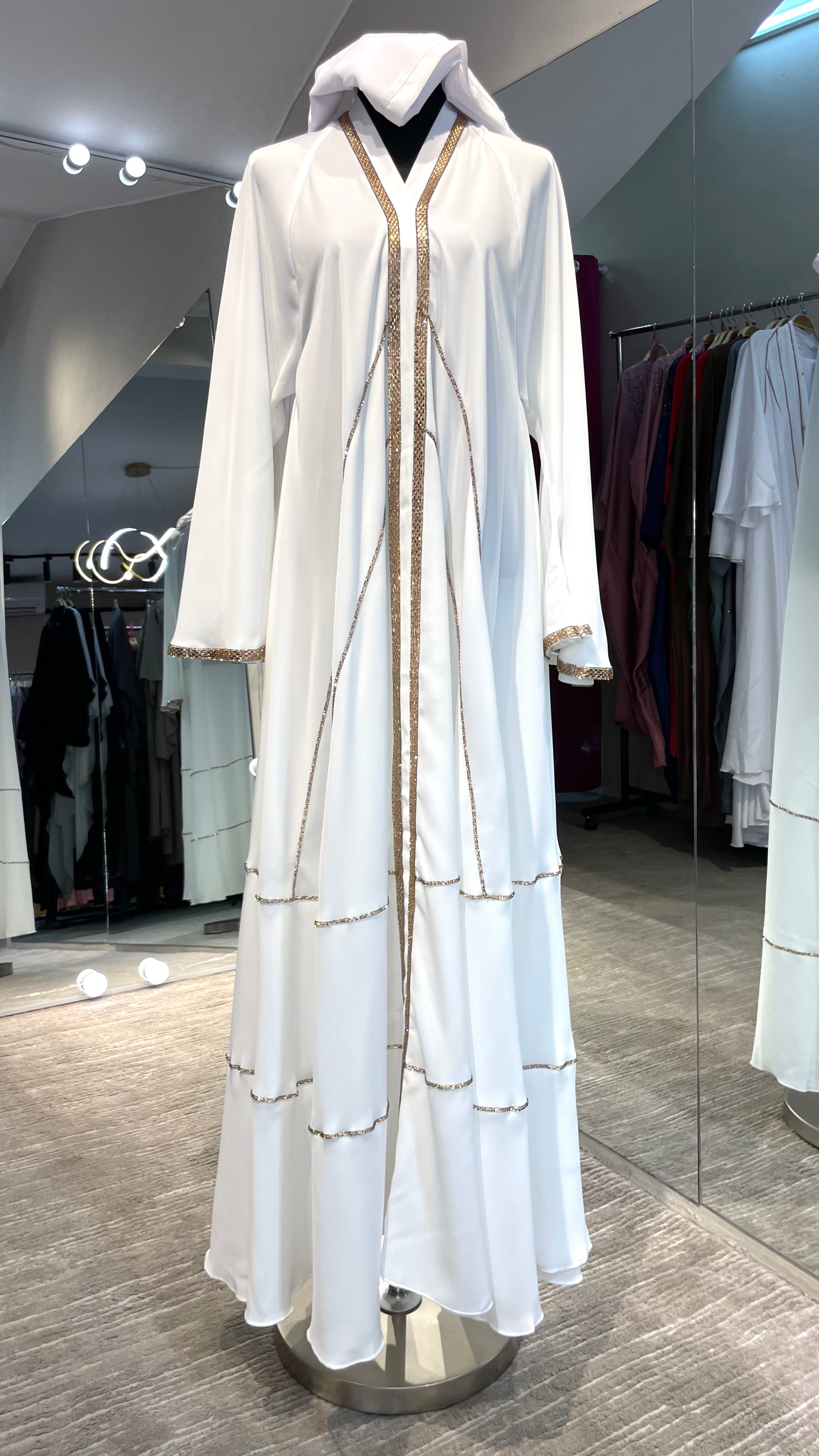 White Elegant Umbrella-Cut Nida Abaya with Gold Stone Lining