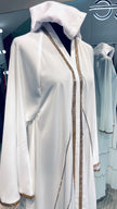 White Elegant Umbrella-Cut Nida Abaya with Gold Stone Lining