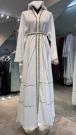 White Elegant Umbrella-Cut Nida Abaya with Gold Stone Lining