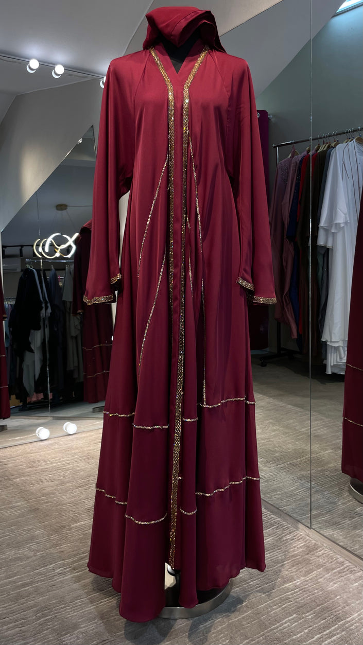 Grenadine Red Elegant Umbrella-Cut Nida Abaya with Gold Stone Lining