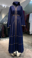 Navy Blue Elegant Umbrella-Cut Nida Abaya with Gold Stone Lining