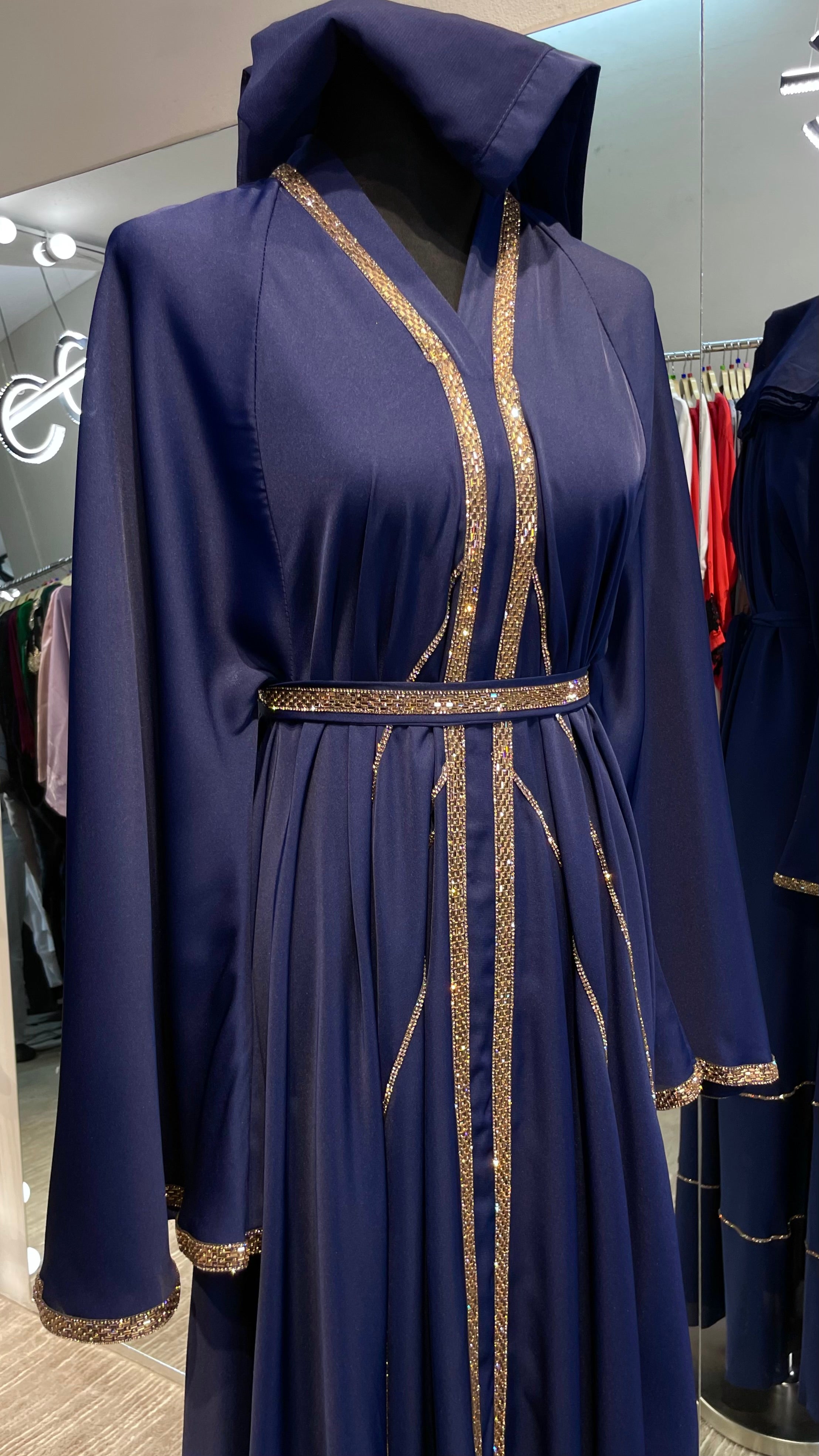 Navy Blue Elegant Umbrella-Cut Nida Abaya with Gold Stone Lining