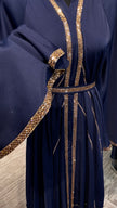 Navy Blue Elegant Umbrella-Cut Nida Abaya with Gold Stone Lining