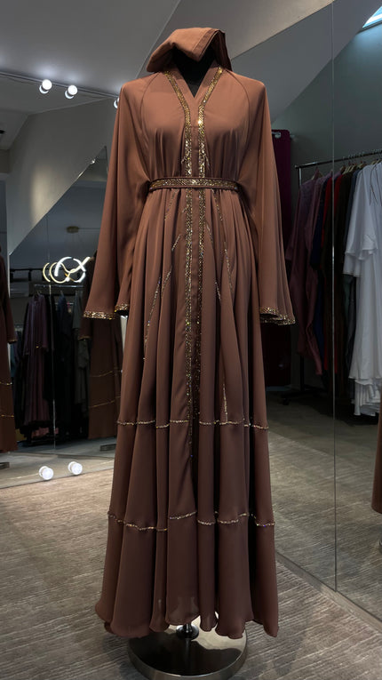 Mocha Brown Elegant Umbrella-Cut Nida Abaya with Gold Stone Lining