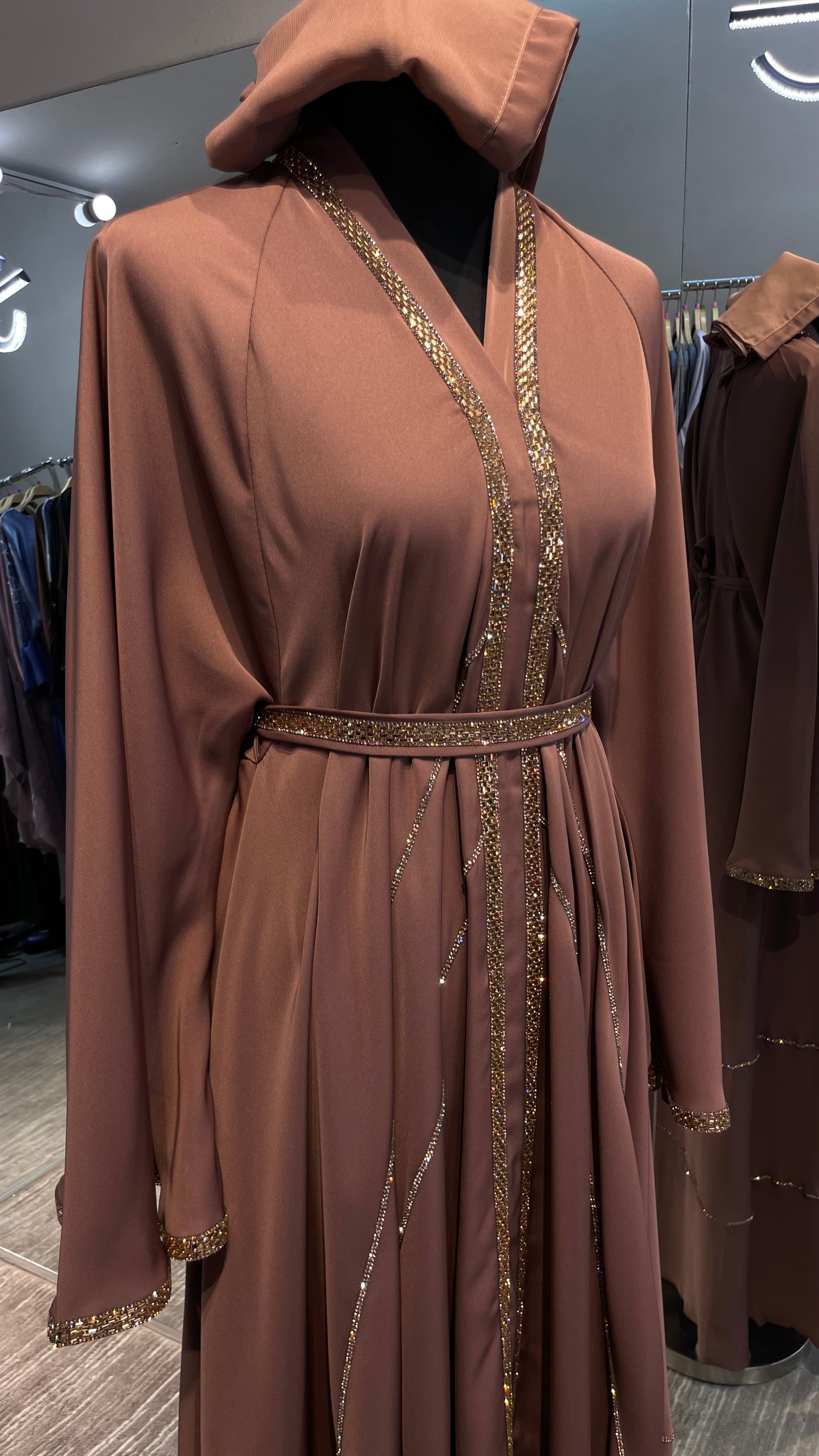 Mocha Brown Elegant Umbrella-Cut Nida Abaya with Gold Stone Lining