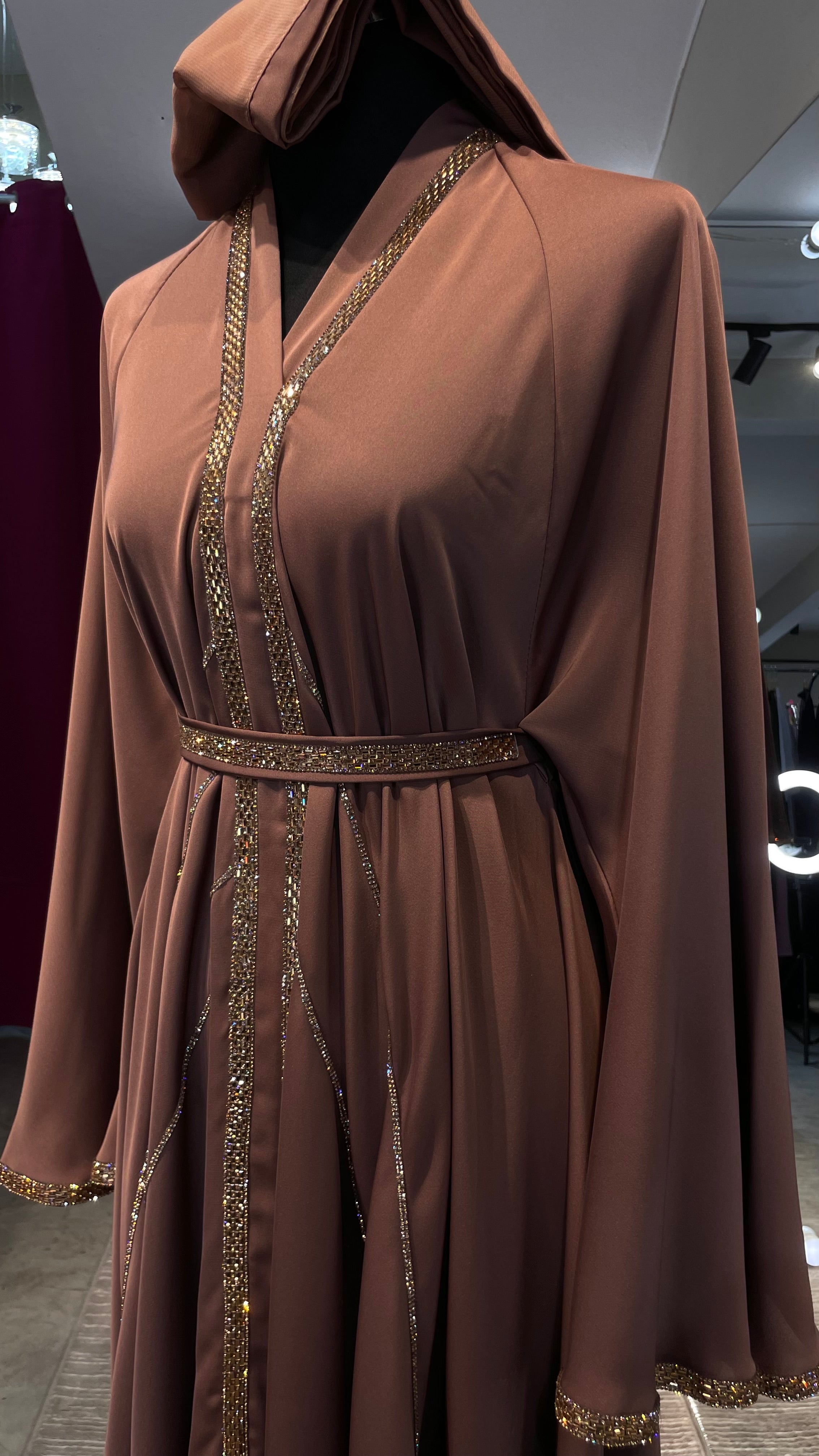 Mocha Brown Elegant Umbrella-Cut Nida Abaya with Gold Stone Lining