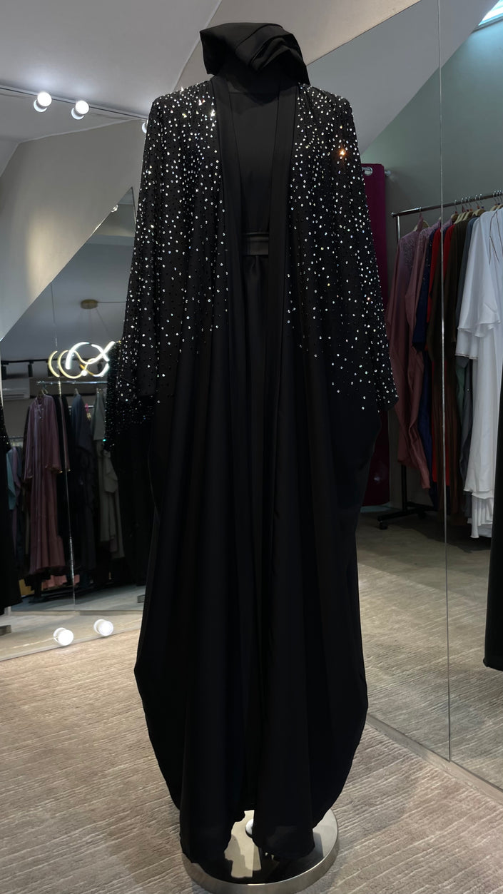 Black Farasha Robe with full Upper Stone Embellishment and Long-Sleeve Inner