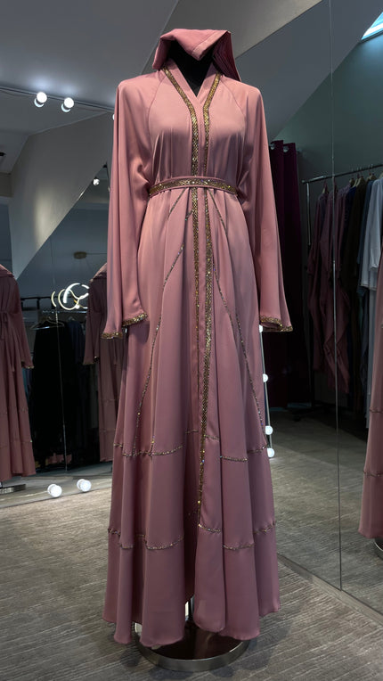 Baby Pink Elegant Umbrella-Cut Nida Abaya with Gold Stone Lining