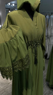 Olive Green A-Line Nida and Chiffon combination Abaya Dress with lace lining and stones