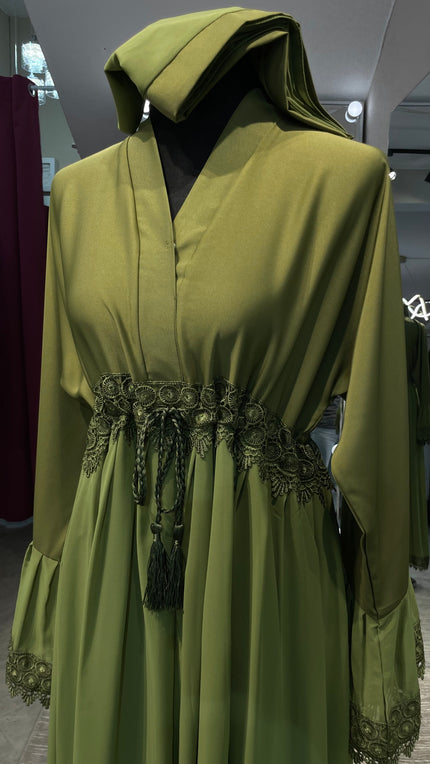 Olive Green A-Line Nida and Chiffon combination Abaya Dress with lace lining and stones